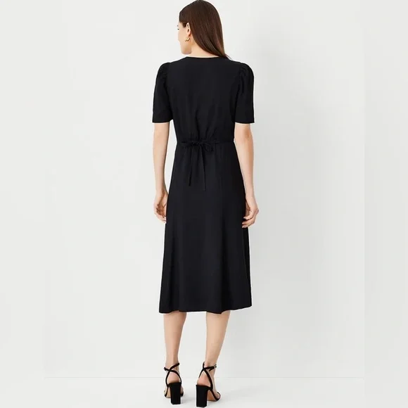 Ann Taylor Black Twill Button Front Midi Dress Size Medium Petite - Picture 7 of 11